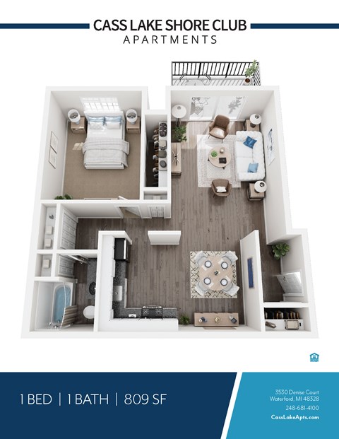 Floor plan for 1 bed, 1 bath, 809 sqft